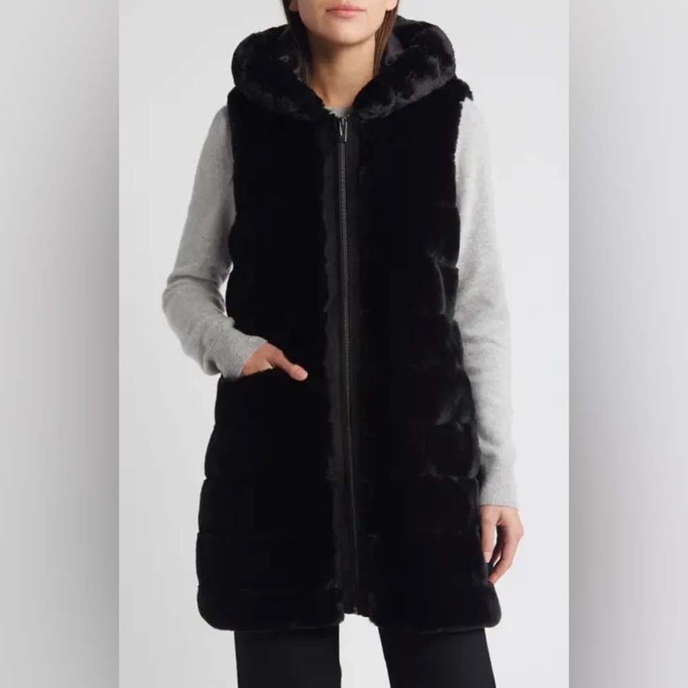 Via Spiga NWT Black Faux Fur Long Hooded Vest - Picture 9 of 9